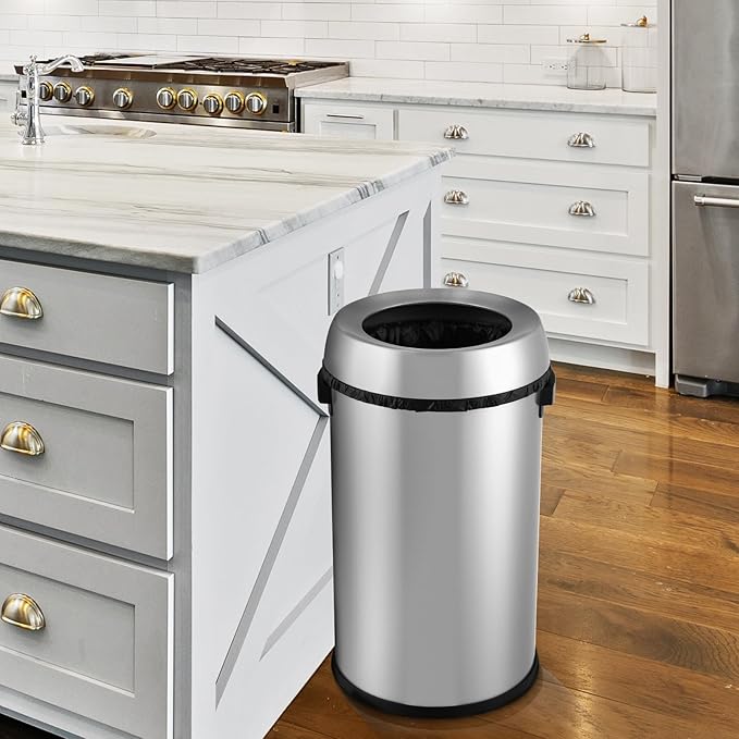 Towallmark 65L/17Gal Heavy Duty Open Top Commercial/Kitchen Trash Can, Fingerprint-Resistant Waste Bin for Office Bedroom Restaurant, Brushed Stainless Steel