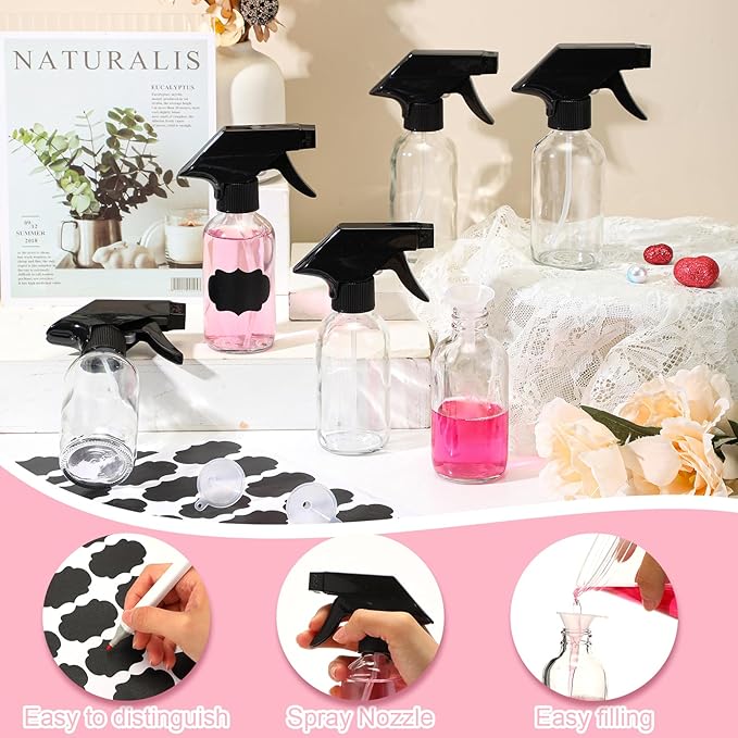 Fumete 20 Pcs 4 oz Glass Spray Bottles Empty Refillable Sprayer Containers with Funnels Labels Black Trigger Sprayers Spray Bottles for Essential Oil DIY Kitchen Hair Plants(Clear)