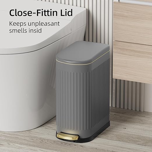 KUK Slim Bathroom Trash Can with Lid, 2.6 Gallon (10 L) Stainless Steel Step Small Garbage Can with Removable Inner Bucket, Soft Close, Anti-Fingerprint Finish (Gray)