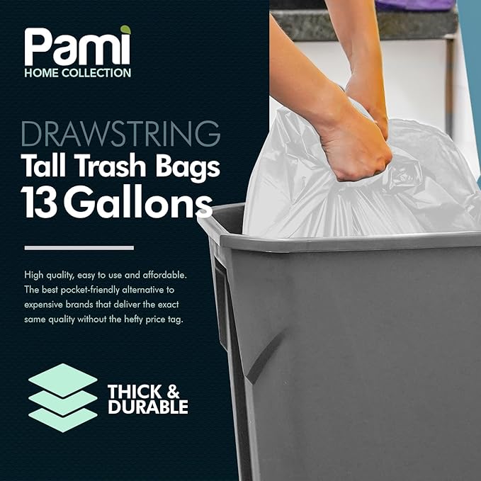 PAMI Tall 13-Gallon Kitchen Drawstring Trash Bags [14-Pack, White] - Extra-Strong Plastic Garbage Bags- Thick Trash Can Liners For Kitchen, Bathroom & Outdoor Bins- 2ft x2ft Unscented Trash Bags