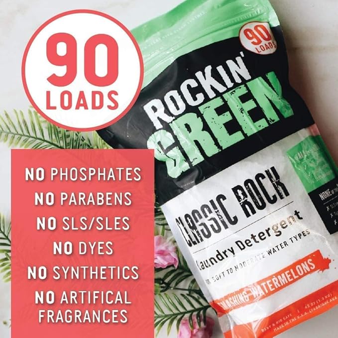Rockin' Green Classic Rock Laundry Detergent (90 Loads), Plant based, All Natural Laundry Detergent Powder, Vegan and Biodegradable Odor Fighter, Safe for Sensitive Skin, 45 oz (Smashing Watermelons)