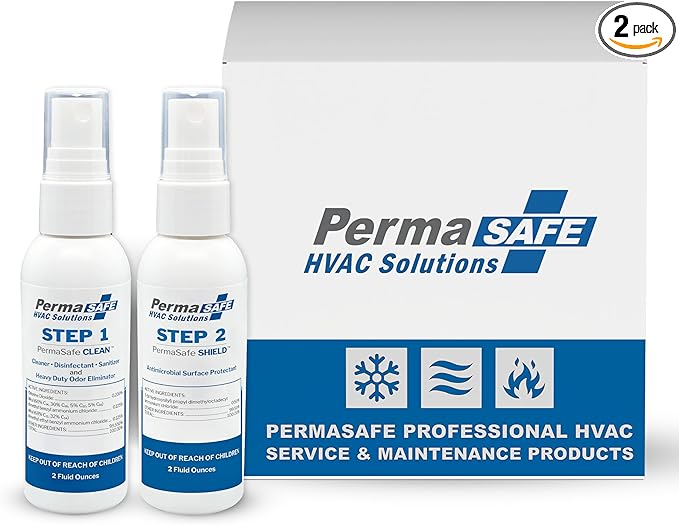 PermaSafe HVAC Solutions, Condensate Pan Cleaner & Shield Kit, HD Disinfectant Cleaner, Odor, Allergen, Mold and Mildew Eliminator, and Long-Term Antimicrobial Shield.