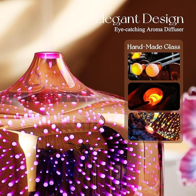 Porseme 500ml Essential Oil Diffuser 3D Glass Aromatherapy Ultrasonic Humidifier - Auto Shut-Off, Timer Setting, BPA Free for Home Hotel Yoga SPA Gift