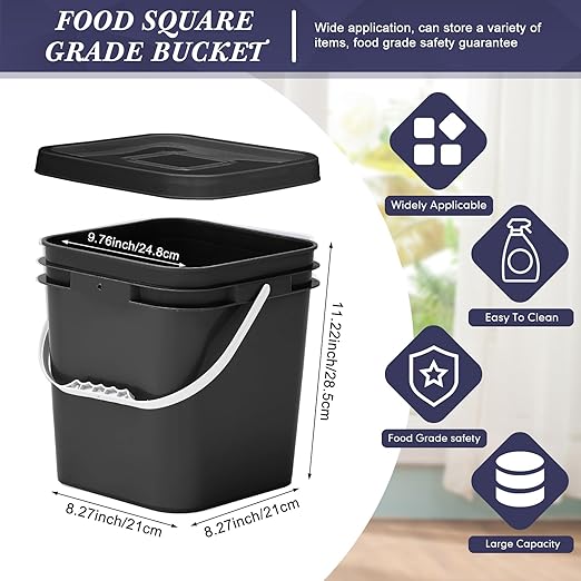 Mumufy 3 Pcs 3.5 Gallon Square Food Grade Bucket with Lid Square Bucket Pail with Plastic Handles for Storing Dry Food, Charcoal, Camping, Fishing (Black)