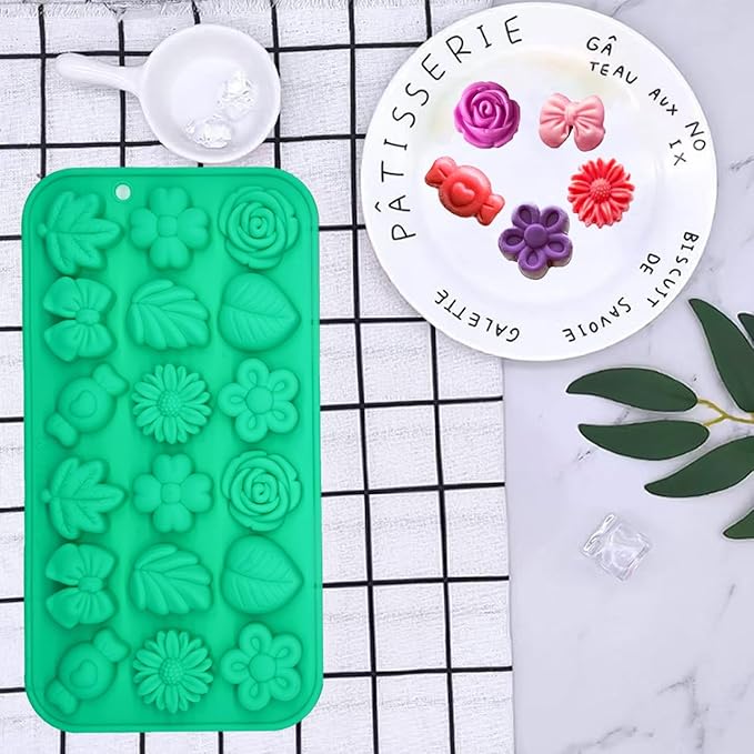 Gummy Candy Molds - 2Pcs Silicone Gummy Daisy Flower/Tulip Flower/Bow Tie/Leaf Candy Mold for Kids, Non-stick and Bpa Free for Candy Chocolate Gummy Jello Baking Soap Pudding Cookie Desserts Making