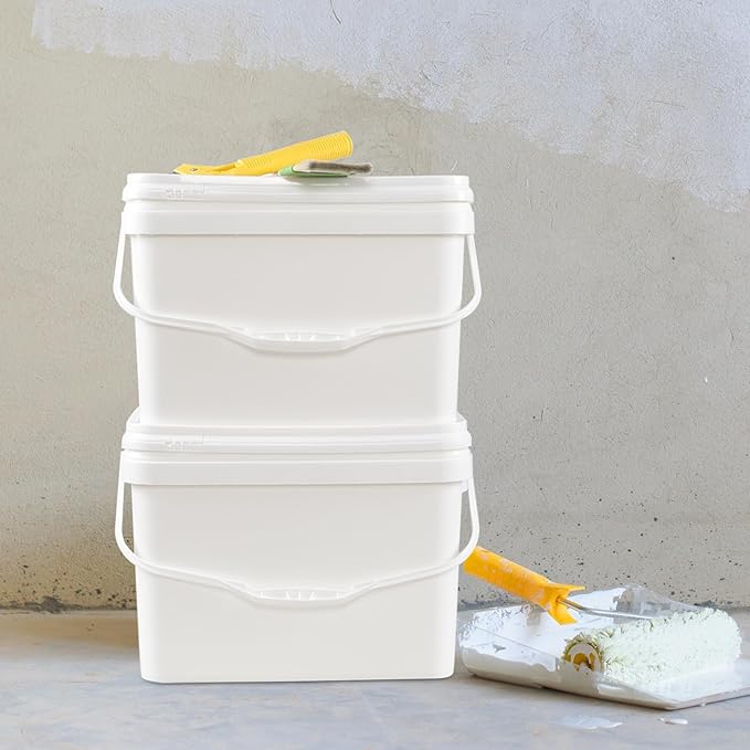 Ramddy 5 Gallon Rectangular Plastic Food Bucket with Sealed Lid, Food Grade, 4 Pack Pail Container with Handle, White