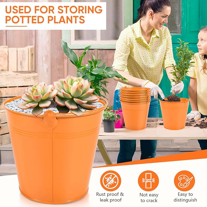 OBTANIM 7 Pack Orange Metal Buckets with Handle Galvanized Ice Pails for Plants, Succulents, Party Favors Organizing, Rustic Home Decor or Classrooms Pencil Storage (7.1 x 5.2 inch)