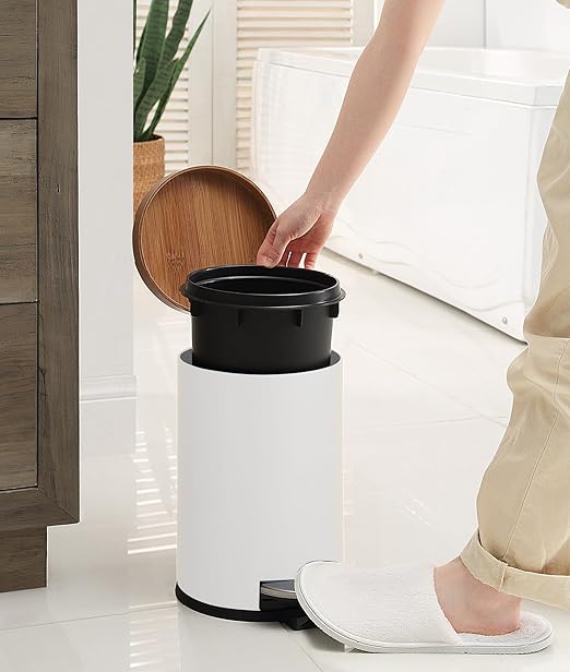 SunnyPoint Elite Bamboo Lid 4.5 Liter (1.2 Gallon) Round Trash Can with Plastic Inner Bucket; Bathroom, Office, Kitchen and Bedroom Step On and Slow Close (White)