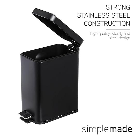 simplemade Rectangle Step Trash Can - 5 Liter / 1.3 Gallon - Stainless Steel Bathroom Trash Can | Small Trash Can with Lid | Office Trash Can | Garbage Can with Lid | Metal Wastebasket (Black)