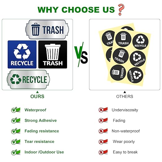Trash and Recycle Stickers for Bins, 4-Piece Set Waterproof Self Adhesive Recycling Stickers for Trash Cans Waste Signs for Home, Kitchen, Office Indoor & Outdoor Use