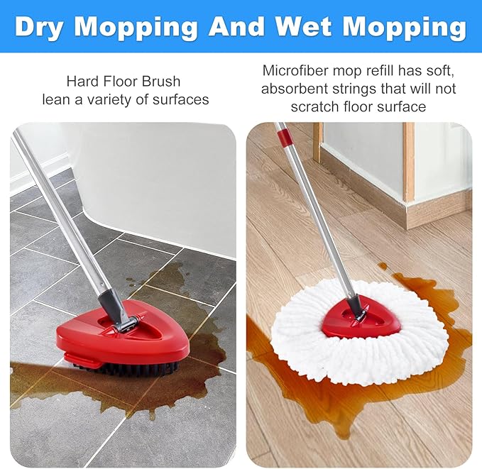 4PCS Mop Heads Replacements for OCedar, 1PCS Scrub Brush and 1PCS Spin Mop Base Compatible with Ocedar EasyWring 1 Tank System, Dry and Wet for Cleaning All Hard-surfaced Floors