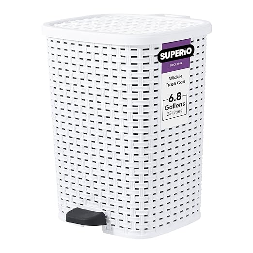 Superio Small Outdoor Trash Can with Lid for Dog Poop 6.8 Gallon/26 L Plastic Step On Garbage Can with Foot Pedal for Bathroom, Bedroom, Office, Patio, Wicker White