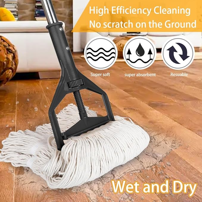 Wet String Mop for Floor Cleaning, Heavy Duty Mop with 2 Reusable Heads, Long Handle Industrial Cotton Mop for Restaurant Home Garage Office Patio Warehouse (Black)