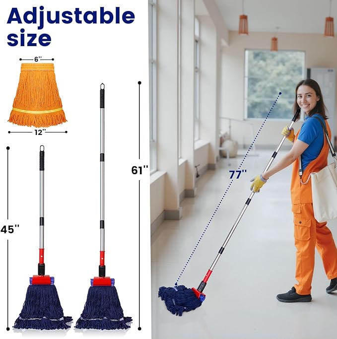 Heavy Duty Commercial Mop with 77inch Long Handle, Looped-End String Wet Mop with 2 Heads for Home, Garage, Office Floor Cleaning (Blue-Orange)