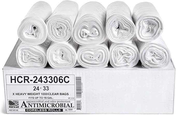 Aluf Plastics High Density Trash Bags, 16 Gallon, 1000 Count, 6 Micron (eq), 24" x 33", Clear, for Bathroom, Office, Industrial, Commercial, Janitorial, Municipal, Recycling