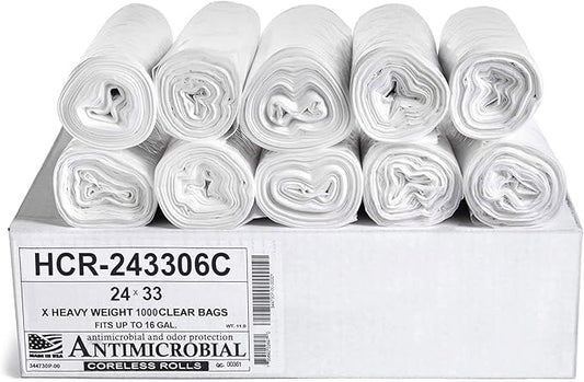 Aluf Plastics High Density Trash Bags, 16 Gallon, 1000 Count, 6 Micron (eq), 24" x 33", Clear, for Bathroom, Office, Industrial, Commercial, Janitorial, Municipal, Recycling