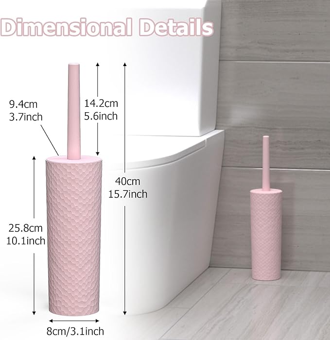 Topsky 2 Pack Compact Toilet Brush & Holder Set, Plastic Round Barrel Loo Brush with 2 Replacement Toilet Brush Head, Durable for Bathroom Toilet, Pink