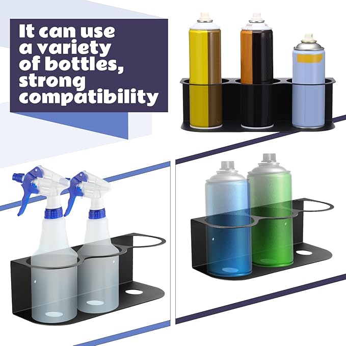 Therwen 2 Pcs 3 Holes All Purpose Steel Spray Bottle Holder Heavy Duty Can Holder Rack Organizer Easy Install Wall Mount Paint Spray Bottle Organizer Storage Rack for Garage Home Workspace(Black)