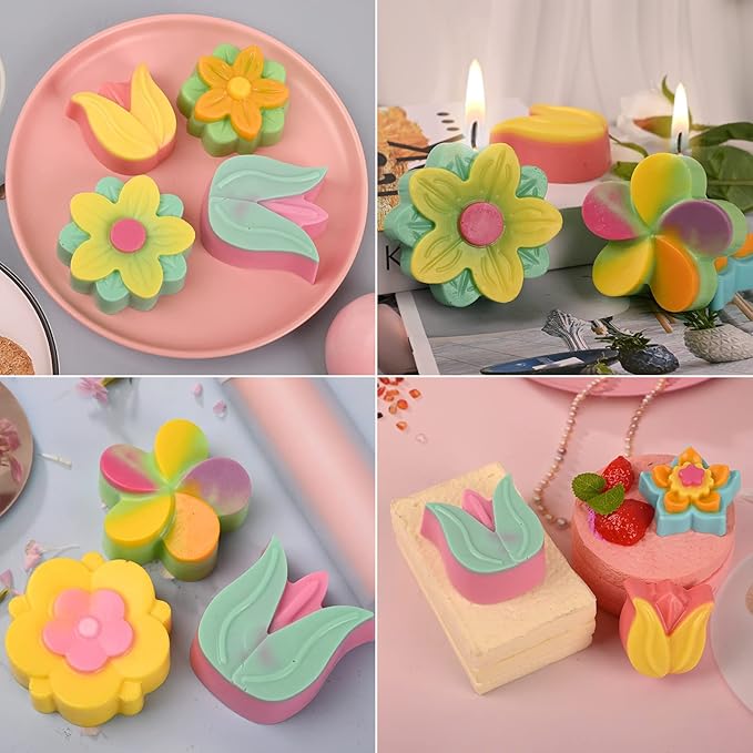 Sakolla 6-Cavity Flower Soap Molds Silicone, 2 Pack Tulip Different Flower Shapes Silicone Molds for Soap, Lotion Bar, Bath Bombs, Chocolate, Candy Baking Molds Jelly, Ice Cube Tray