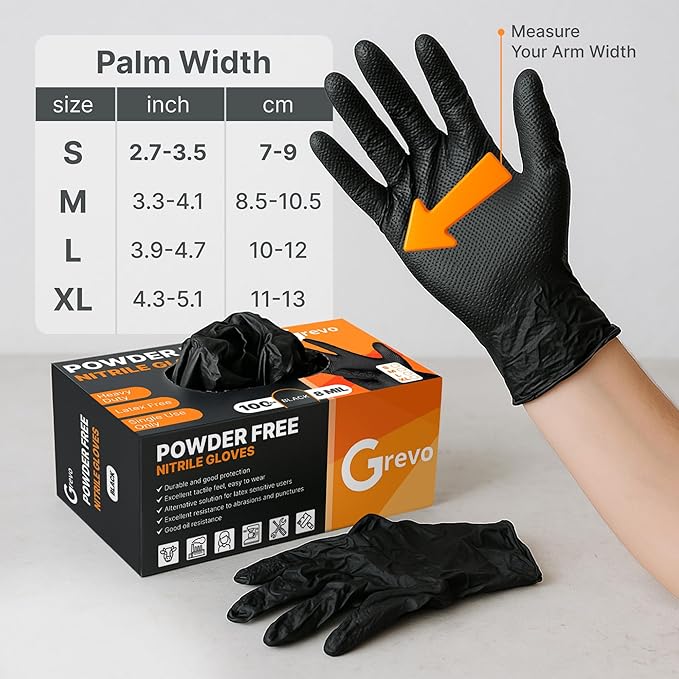 Disposable 5 & 8 Mil Black Nitrile Gloves 100-1000Pcs S-XL – Heavy Duty Latex & Powder-Free – Textured, Chemical-Resistant