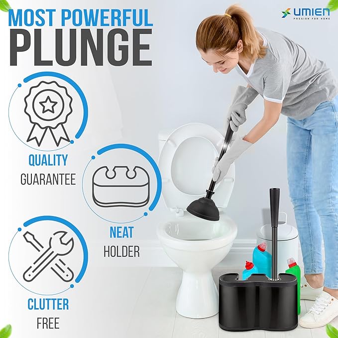UMIEN Toilet Brush and Plunger Set 18-in - Updated 2025 No-Rust - Stainless Steel Design - Long Handles - with Freestanding Canister (Matte Black)