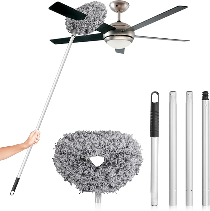 Ceiling Fan Cleaner Duster High Ceiling Extended Fan Blade Cleaner from 13 to 50 Inch Reusable Microfiber Ceiling Fan Duster with Extension Handle for Furniture Bookshelves Wall Door (Gray)