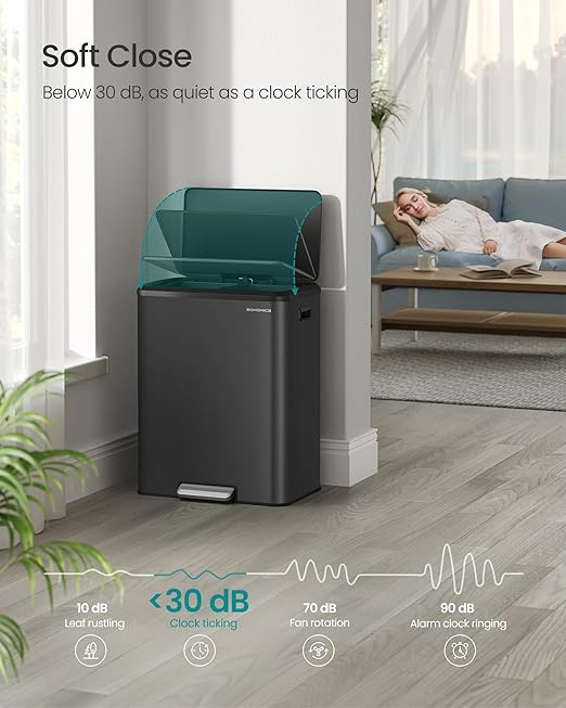 SONGMICS Trash Can, 2 x 8 Gallon (2 x 30 L) Double Garabge Can for Recycling and Waste, Stainless Steel, Soft-Close Lid, Inner Buckets, Wide Sturdy Pedal, Ink Black ULTB556B01