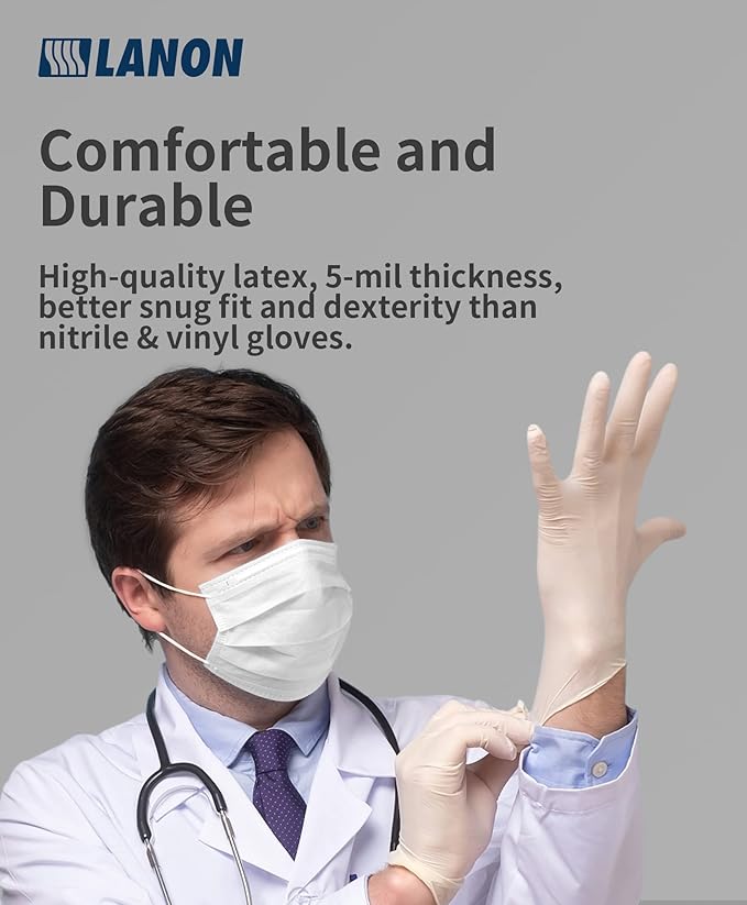 LANON 5 mil Latex Disposable Gloves, Food-Contact Grade, Powder-Free, Fully Textured, White, Small