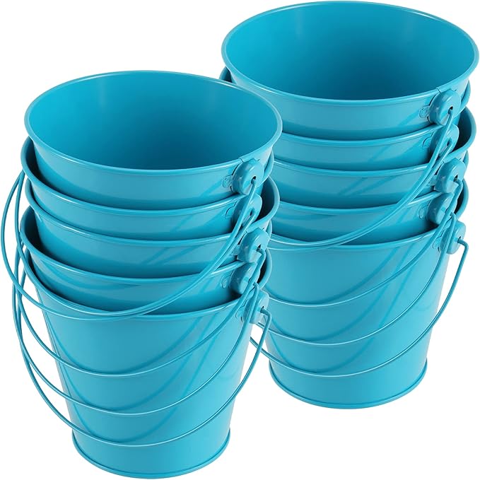 HAKZEON 10 Pack 4.72 x 4 Inches Mini Metal Buckets, Metal Pails with Handle, Metal Bucket with Handle for Crafts and Party Favors, Blue