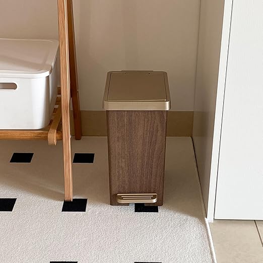 Compact Trash Can with Lid, 15 Liter/3.9 Gallon, Plastic Slim Garbage Can for Home, Bathroom, Kitchen, Office, Living Room, Bedroom, Vintage Waste Bin with Foot Pedal and Touch Top