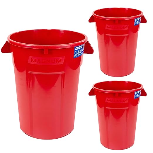 Magnum 32 Gallon Trash Can, High-Vis Red, Construction Grade, Heavy Duty Plastic, Jobsite Ready for Handling and Holding Garbage CMTC-C000-32R03 (3 Pack)