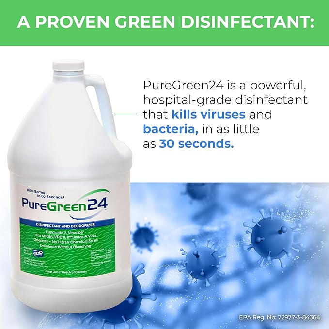 PureGreen24 Safe & Effective Disinfectant. Kills Deadly Germs including RSV Norovirus MRSA Staph 2025 flu Bird Flu Contains No Toxic Chemicals Odorless Child & Pet Safe (4) 32oz Spray Bottles