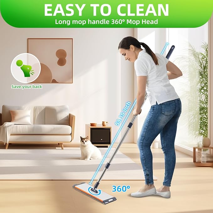 Mop and Bucket Set with Wringer for Home, 360° Flat Squeeze Mop with Long Handle and 6 Microfiber Cloths for Floor Cleaning (White+Blue, Slim Bucket and 15.7'' Aluminum Alloy Mop Head)