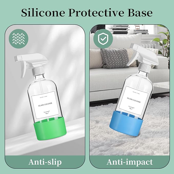 4 Pack Glass Spray Bottles with Silicone Sleeve,16oz Clear Glass Spray Bottles Refillable Empty Bottle with Adjustable Nozzle,Spray Bottle for Cleaning Solutions,Essential Oils,Pets,Hair