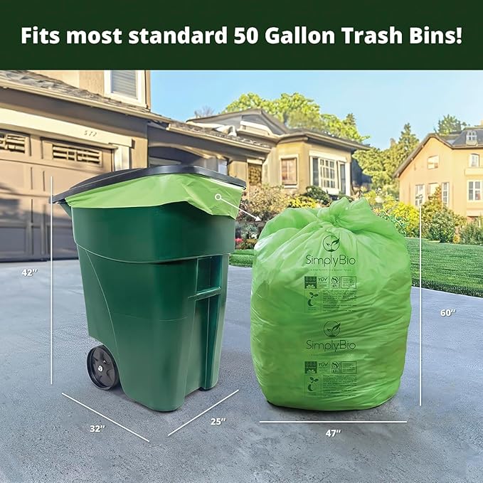 64 Gallon Compostable Trash Bags Flat-Top, Heavy Duty Extra Thick 2 Mil, 242.27 Liter, 12 Bags, Large Lawn and Yard Waste Bag, ASTM D6400, US BPI and OK Compost Home Certified