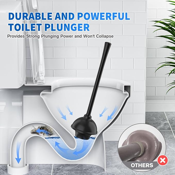 Toilet Plunger and Brush, Silicone Bowl Brush and Heavy Duty Toilet Plunger Set with Ventilated Holder, 2-in-1 Toilet Brush and Plunger Combo for 5.3-inch Toilet Drain Bathroom Cleaning