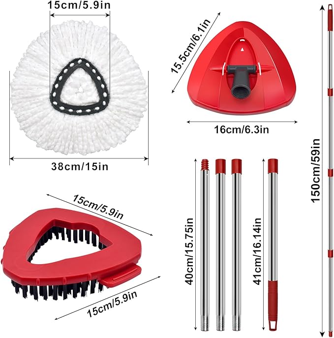 Spin Mop Handle Mop Heads Mop Base Mop Scruby Brush Replacement Sets Combo Compatible with Ocedar EasyWring 1 Tank Spin Mop System (1 Sets Stainless Steel Mop Handle +2 White Heads +1 Base +1 Brush)