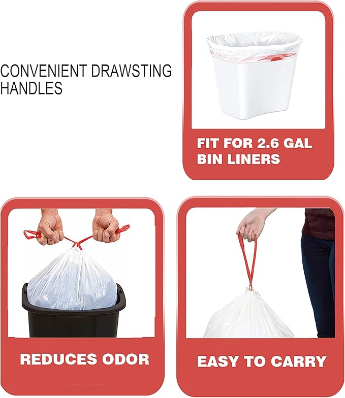 Trash Bags 2.6 Gallon Drawstring, 100 Count, Multifold Roll Garbage Bags, Small Kitchen Trash Bags, Odorless & Extra Thick White Plastic Food Scrap Bag for Home Office Bathroom Kitchen Bins