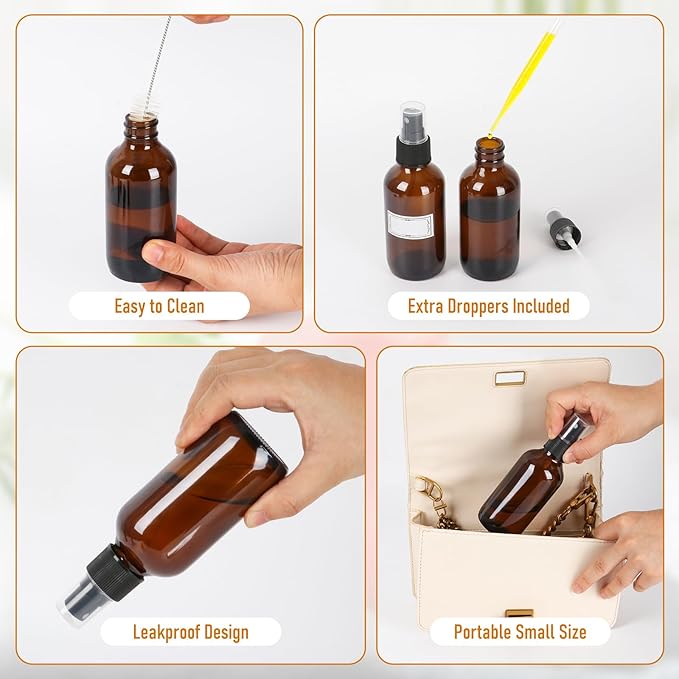 120ml Glass Spray Bottles with Fine Mist Sprayer 2Pack, Small Amber Glass Spray Bottles 4 oz for Perfumes,Cleaning Products,Pet Spray (4fl.oz, Set of 2)