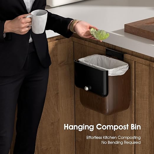 Vintage Kitchen Trash Can with Lid, Large 3.2 Gallon/12 Liter Capacity, Hanging Compost Bin, for Under Sink or Cupboard, Bathroom, Bedroom, Walnut Color
