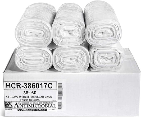 Aluf Plastics High Density Trash Bags, 60 Gallon, 150 Count, 17 Micron (eq), 38" x 60", Clear, for Bathroom, Office, Industrial, Commercial, Janitorial, Municipal, Recycling
