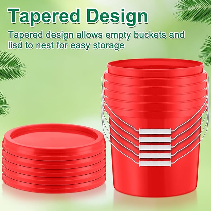 Tioncy 10 Pcs 2 Gallon Plastic Bucket with Lid Heavy Duty 2 Gallon Bucket Pail with Lid Handle for Storage Container Home Household Cleaning (Red)