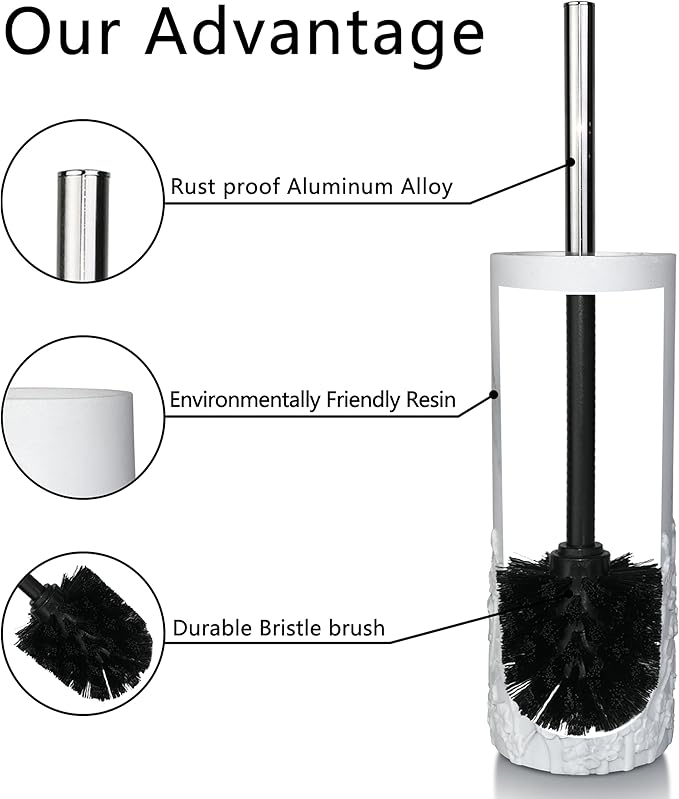 Marble Cherry Blossom Design Resin Toilet Brush and Holder Set for Bathroom, Stylish Design with Durable Bristles and Compact Storage