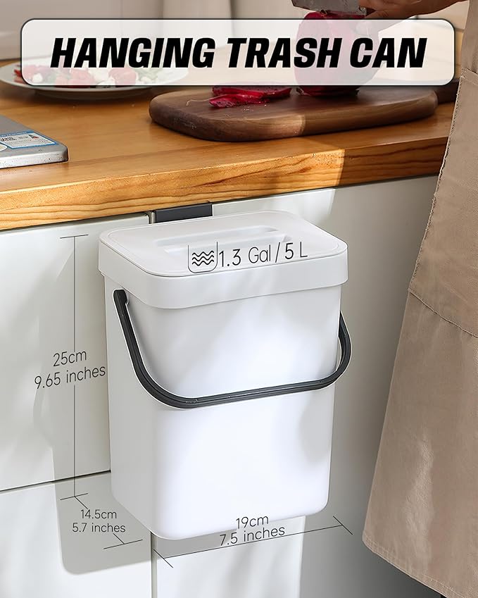 Indoor Compost Bin - 1.3 Gallons Hanging Small Trash Can with Lid for Kitchen Bathroom, Under Sink Kitchen Trash Can, Indoor Counter Compost Bucket with Lid, 5L(White)