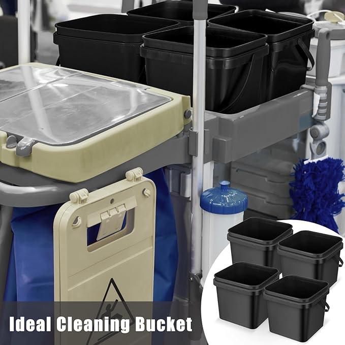 4 Pcs Plastic Bucket 5 Quart Square Bucket Utility Small Pail with Handle Sturdy Pail Organizer for House Cleaning Storage Livestock Feeding Car Washing Food Storage, No Lids(Black)
