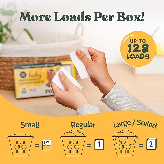 Roobi Baby Laundry Detergent Sheets. Specially Formulated for Sensitive Skin. Newborns, Infants & Toddlers Clothes. Peachy Lullaby Scent. Up to 128 Loads