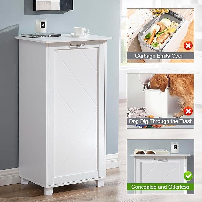 VECELO Tilt Out Kitchen Trash Bin Cabinet, Dog Proof Garbage Can with Wood Holder Free Standing Recycling, Pure White
