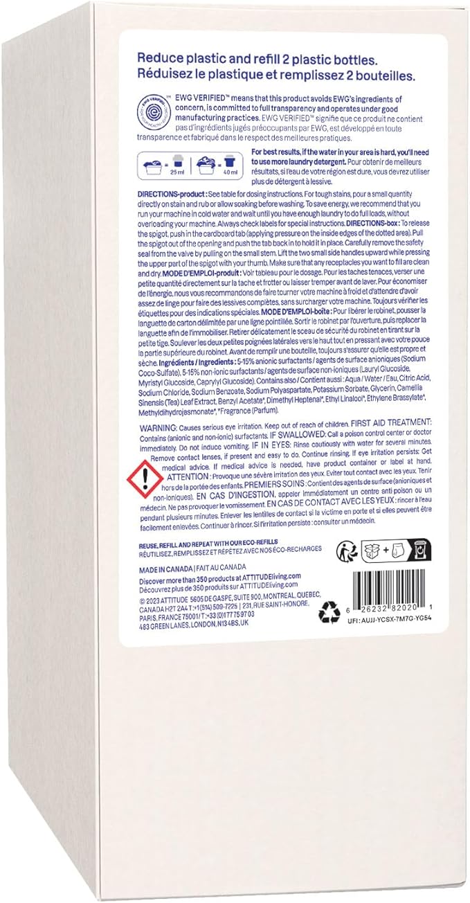 ATTITUDE Liquid Laundry Detergent Refill, EWG Verified, HE Compatible, Plant-Based & Vegan, Natural Laundry Soap, Wildflowers Scent, 80 Loads, 67.6 Fl Oz