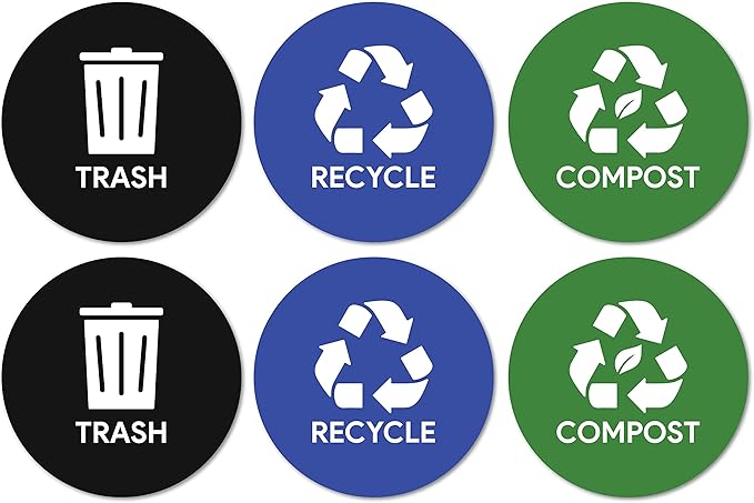 Sutter Signs 6pk Trash Compost Recycle Stickers for Trash Bins | 4" Weatherproof Waste Management Label Sign Decals for Garbage Cans, Yard Waste, and Recycling Bins