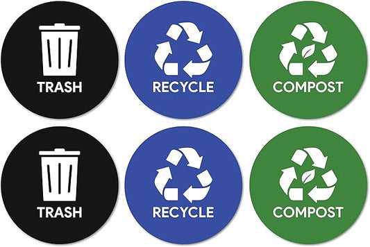 Sutter Signs 6pk Trash Compost Recycle Stickers for Trash Bins | 4" Weatherproof Waste Management Label Sign Decals for Garbage Cans, Yard Waste, and Recycling Bins